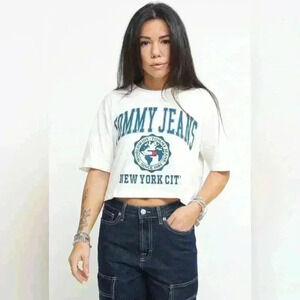 Tommy Hilfiger Women's Cropped Logo T-Shirt White XS Casual